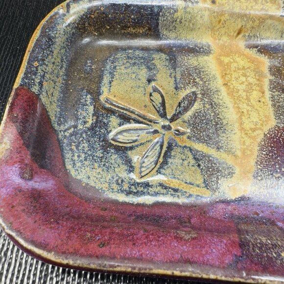 Vintage Hand Made Stoneware Pottery Dish Tray Artist Signed Embossed Butterfly - Picture 10 of 16